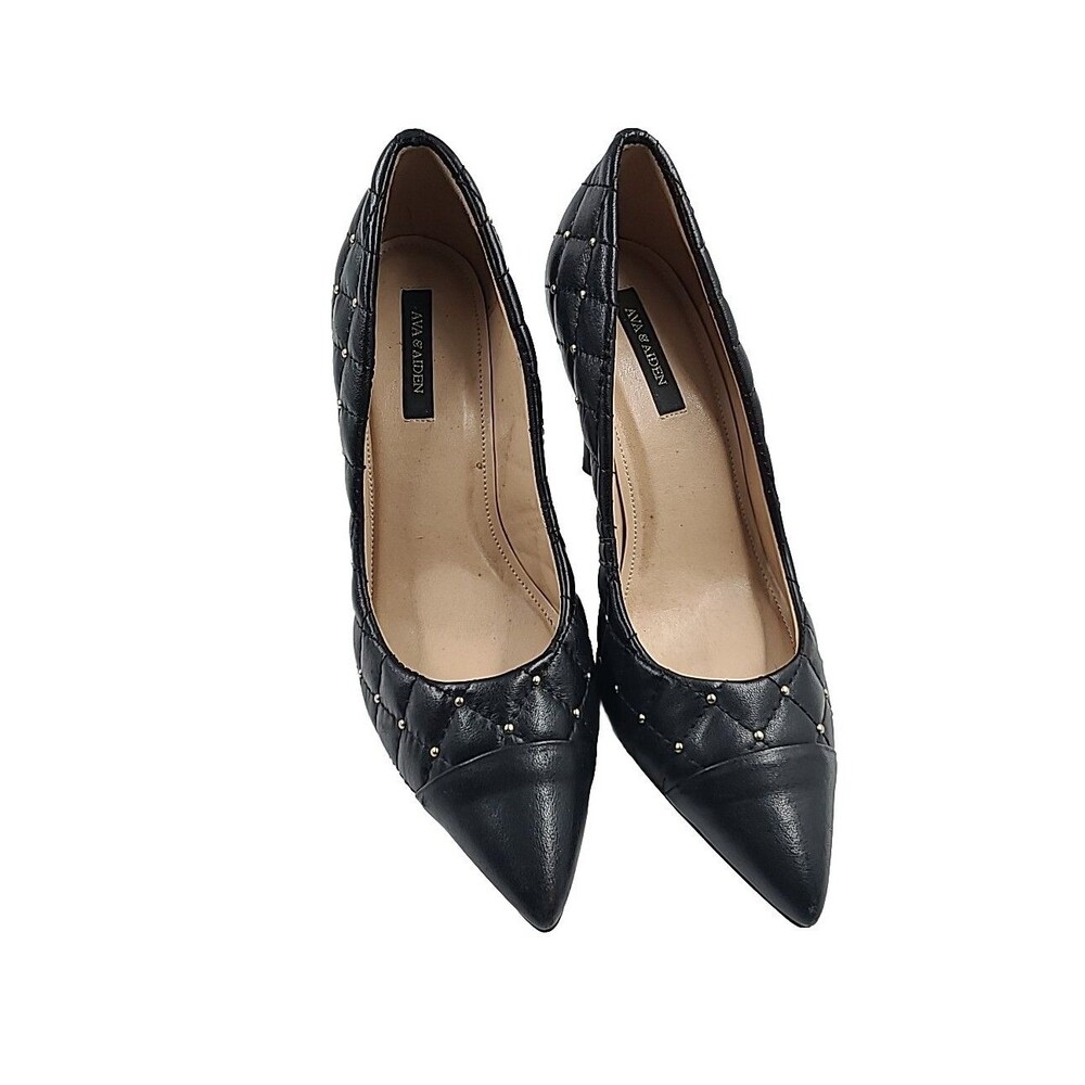 Ava & Aiden Black Leather Stiletto Heel Pumps Gold Studded US 7.5 M